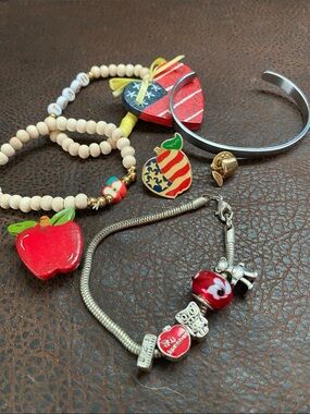 Teacher Apple Charm Beaded, Cuff Bracelet Set, lapel @ hat pins - Red & Silver